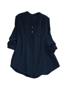 Damen Blusen Langarmshirt V Ausschnitt Oberteile Casual Baumwolle Tunika Hemd mit Tasche Blau,Größe 4XL