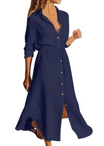 ASKSA Dámské ležérní šaty Letní košilové šaty s dlouhým rukávem Volné pevné midi šaty se šňůrkou, tmavě modrá, 3XL