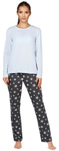 Bellivalini Damen Schlafanzug lang Pyjama Langarm Lange Hose Rundhalsausschnitt Muster Sterne bunt BLV50-167(Blau Graphite Sterne, XL)