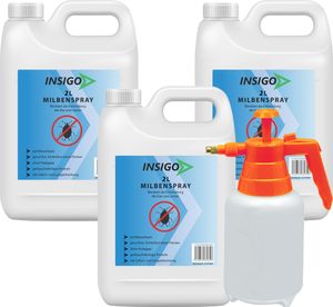 INSIGO 3x2L + 2L Sprüher Anti-Milbenspray, Mittel gegen Milben Milbenbefall Milbenfrei Schutz gegen Eier auf Wasserbasis, fleckenfrei, geruchlos, mit Schnell- & Langzeitwirkung frei EX