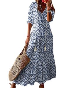 Maxikleider Damen Dresses Party Schwung Langes Kleid Hawaiianische Schnüre-Up-Sommerstrand Sunddress,Farbe:Blau,Größe:L