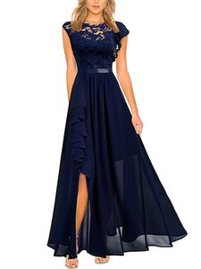 Damen Strand Sundress Einfarbig Langes Kleid Rundhalsausschnitt Maxi Kleider A-Linie Party Blau,Größe XL