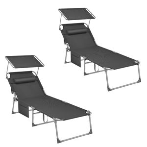 SONGMICS 2-er Große Sonnenliege, klappbarer Liegestuhl, Mit Seitentasche, 71 x 200 x 38 cm, Belastbarkeit 150 kg, verstellbarer Rückenlehne Anthrazit