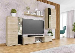 Aktion SALE!!! FURNIX Mediawand SARAI Wohnwand Wohnzimmerschrank mit TV Board, Vitrine und LED 4-teilig Maße B240 x H180 x T40,2 cm modern Eiche Sonoma