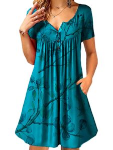 Damen Kurzarm Sommerkleid Sommer V-Ausschnitt Kleid Casual BlumendruckkleiderFarbe:Pfauenblau Größe:2xl