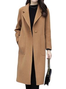 Frauen Mode Lässig V-Ausschnitt Solide Langer Stil Farbe Trenchcoats Langarm Einreihig Wolle Mix Outwear