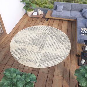 Teppich Rund Outdoor Indoor Wohnzimmer Schlafzimmer Modern Design Terrasse Balkon Creme Grau 160 x 160 cm