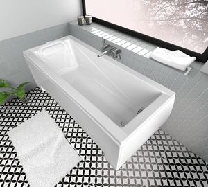 ECOLAM Badewanne Wanne Rechteck Modern Design Acryl weiß 180x80 cm + Schürze + Kopfkissen Mare + Ablaufgarnitur Ab- und Überlauf Automatik Füße Komplett-Set