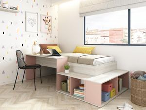 Kombi-Bett 90 x 200 cm mit Stauraum & Schreibtisch + Lattenrost - Holzfarben & Rosa - RIGALI