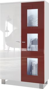 Vladon Vitrine Denjo,  Germany, Standvitrine mit 2 Türen und 3 Glaseinsätzen, Weiß matt/ Weiß Hochglanz und Bordeaux Hochglanz inkl. LED-Beleuchtung (71 x 129 x 35 cm)
