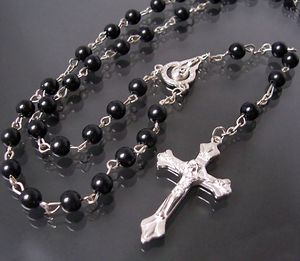 Rosenkranz Perlen 6mm schwarz Kette 70cm Kreuz Jesus Maria Beten K1520
