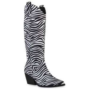 VAN HILL Damen Stiefel Cowboystiefel Stickereien Schuhe 838830, Farbe: Weiß Schwarz Zebra, Größe: 38