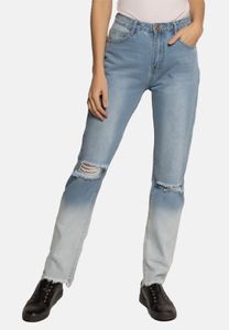 Damen Destroyed Mom Jeans | High Waist Straight Boyfriend Denim Hose | Farbverlauf Bleached Used Design , Farben:Blau, Größe:M