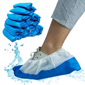 ARNOMED CPE+PP Schuhüberzieher, 50 Überziehschuhe, Einweg Überschuhe, wasserdichte Überziehschuhe, blau/weiße Schuhüberzüge - Dicke: 9g