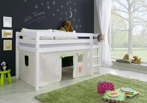 Relita Halbhohes Spielbett ALEX Buche massiv weiß lackiert mit Stoffset Vorhang , weiß/grün