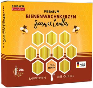 Brubaker 20er Pack Baumkerzen 100% Bienenwachs Weihnachtskerzen Pyramidenkerzen Christbaumkerzen Honig-Gelb