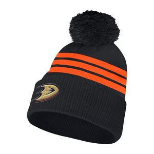 NHL Bommelmütze, gestickte Logos der NHL-Ligateams, 3 Streifen, Anaheim Ducks logo, schwarz und orange