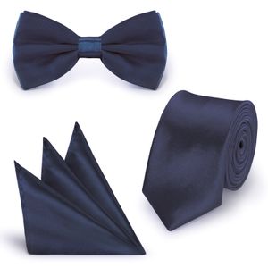 SET Krawatte Fliege Einstecktuch Dunkelblau  einfarbig uni aus Polyester
