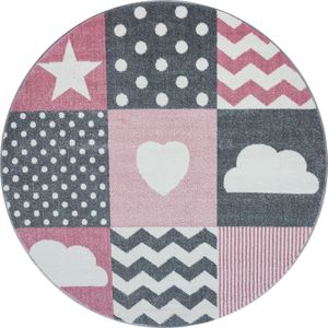 Kurzflor Teppich Kinderteppich Soft Punkte Wolke Stern Herz Babyzimmer Grau Pink, Grösse:160 cm Rund