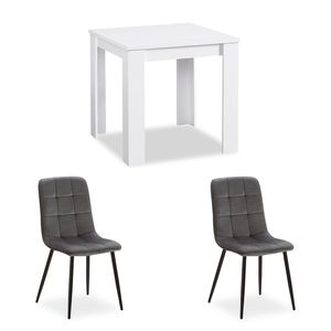 Homestyle4u 2370, Essgruppe mit 2 Stühlen Weiß Samt Grau, Esstisch Weiß 80x80 cm Küchentisch mit Stühle