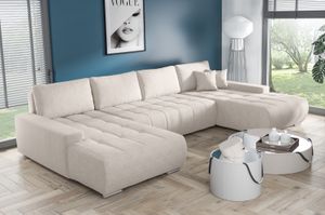 Ecksofa mit Schlaffunktion aus Velourstoff KLARA U-Form, Sofa , Couch, Wohnzimmer, Bettkasten (Stoff: aston 2 - beige)