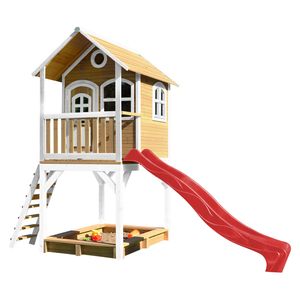 AXI Spielhaus Sarah mit Sandkasten & roter Rutsche | Stelzenhaus in Braun & Weiß aus  Holz für Kinder | Spielturm mit Wellenrutsche für den Garten