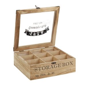 ToCi Teebox Holz Natur mit 9 Fächern | Quadratische Teekiste Teedose Teebeutel Box Aufbewahrung | 24 x 24 x 8,5 cm (LxBxH) | Storage Box im Retro-Look
