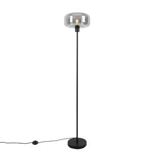 QAZQA - Art Deco Art Deco Stehlampe schwarz mit Rauchglas - Bizle I Wohnzimmer I Schlafzimmer - Rund - LED geeignet E27