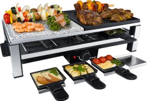Multi-Raclette mit Hochwertige Natursteingrillplatte, Antihaftbeschichtete Grillplatte aus Alu-Druckguss, Stufenloser Temperaturregler, Tragegriffe