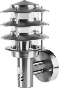 Grafner Design Edelstahl Wandlampe mit Bewegungsmelder und 1x E27 Fassung, IP44 Wand Außenleuchte, 360° rundum Lichtschein, für außen und innen, KEIN ROST - mit Klarlack beschichtet, Wandleuchte