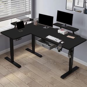 Hilodesk L-Schreibtisch Elektrisch Höhenverstellbar Eckschreibtisch L Förmiger Bürotische Stehpult mit Monitorständer und Schublade 160cm Noir