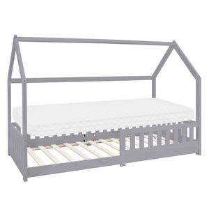 ML-Design Kinderbett mit Rausfallschutz, Dach und Lattenrost, 90x200 cm, Hellgrau, mit Matratze H:10cm