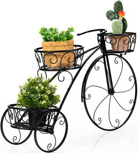 COSTWAY Blumenregal Pflanzenständer Fahrrad, Blumentopf-Ständer Metall mit 3 Körben, Restro Pflanzenregal Pflanzenhalter mit dekorativen Rädern für drinnen und draußen