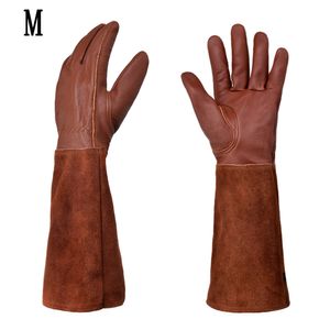Leder-Gartenhandschuhe mit Unterarmschutz, stichfeste lange Rosenschneidehandschuhe,braun,M