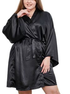 Damen Schnüre Bademäntel Lounge Nachthemd Mit V-Ausschnitt Pyjamas Pyjama Aus Satin Schwarz,Größe:4Xl