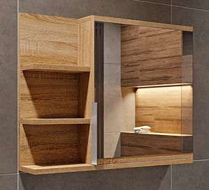 Sonoma Eiche Badezimmerschrank mit Spiegel und Ablagen, B:60 x H:50 cm Spiegelschrank Bad  1 Tür - Hängeschrank Badezimmer, Links