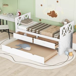 Merax Funktionsbett 90 x200 cm Jugendbett Tagesbett mit Schubladen und Trundle, Funktionsliege Kojenbett Kinderbett aus Kiefer, Weiß