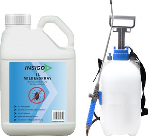INSIGO 5L + 5L Sprüher Anti-Milbenspray, Mittel gegen Milben Milbenbefall Milbenfrei Schutz gegen Eier auf Wasserbasis, fleckenfrei, geruchlos, mit Schnell- & Langzeitwirkung frei EX