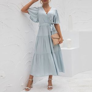 Damen Bowknot Kleid Casual V-Ausschnitt Rüschen Kurzarm Beachwear,Farbe: Hellblau,Größe:S