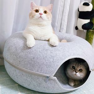LIKING® Filz-Katzentunnel XL Ø60 cm, auch als Katzenhöhle bzw. -bett einsetzbar, für mehrere Katzen geeignet, formfestes Tunnelspielzeug im Donut Design,  hellgrau