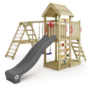 WICKEY Spielturm Klettergerüst RocketFlyer mit Schaukel & Rutsche, Kletterturm mit Sandkasten, Kletteranbau & Spiel-Zubehör - anthrazit
