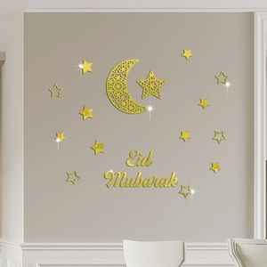 3D Ramadan Kareem Aufkleber Dekorationen Wand Eid Mubarak Eid Al Adha Mond und Stern Aufkleber Islamische Spiegeldekoration (Gold)