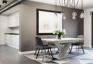 Esstisch mit Auszugsfunktion RONY, Küchentisch ausziehbar, Esszimmertisch ausziehbar, Esszimmer Tisch Auszugsfunktion, 140-180x75x80, weiß/Beton
