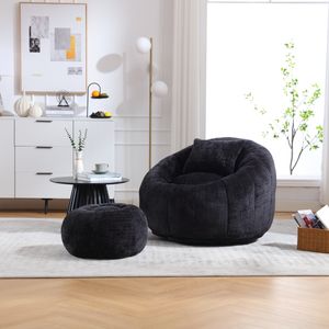 Flieks Sitzsack mit Fußhocker, 360° Drehbar Bean Bag, Bodenkissen Relaxsessel mit Sitzhocker, Bodensessel Freizeitsessel Fernsehsessel, Chenille