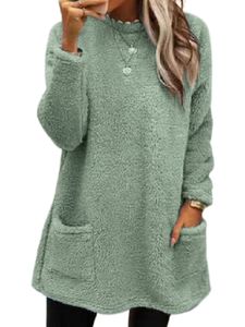Frauen Fuzzy Fleece Pullover Urlaub Langarm T-Shirt Mit Taschen Einfache Oberteile, Farbe: Grün, Größe: Xl