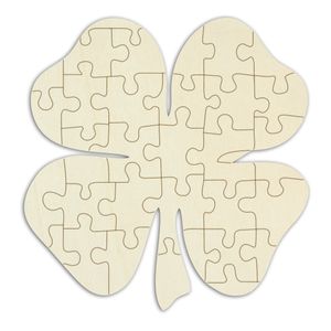 Holzpuzzle „Kleeblatt“ zum bemalen und verzieren - 34 Teile, ca. 42 x 43 cm - leeres Blanko-Puzzle aus Schichtholz im Jutebeutel inkl. Puzzlevorlage