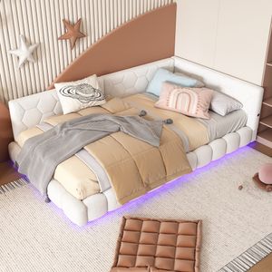 MODFU Tagesbett Polsterbett 90x200cm mit LED und USB-Anschluss, Schlafsofa mit Lattenrost aus Teddy-Plüsch, Weiß(Ohne Matrtze)