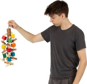 Papageienspielzeug · Wood Monster · Knabberspielzeug mit robusten Seil und Naturholz ca. 13 x 13 x 44cm
