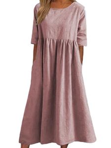 Damen Sommerkleider mit Tasche Midikleid Baumwolle Swing Kleider Freizeitkleider Rosa,Größe 2XL