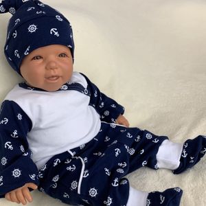Baby Jungen Set 3-teilig Body Hose + Mütze Gr. 68 Anker blau weiß